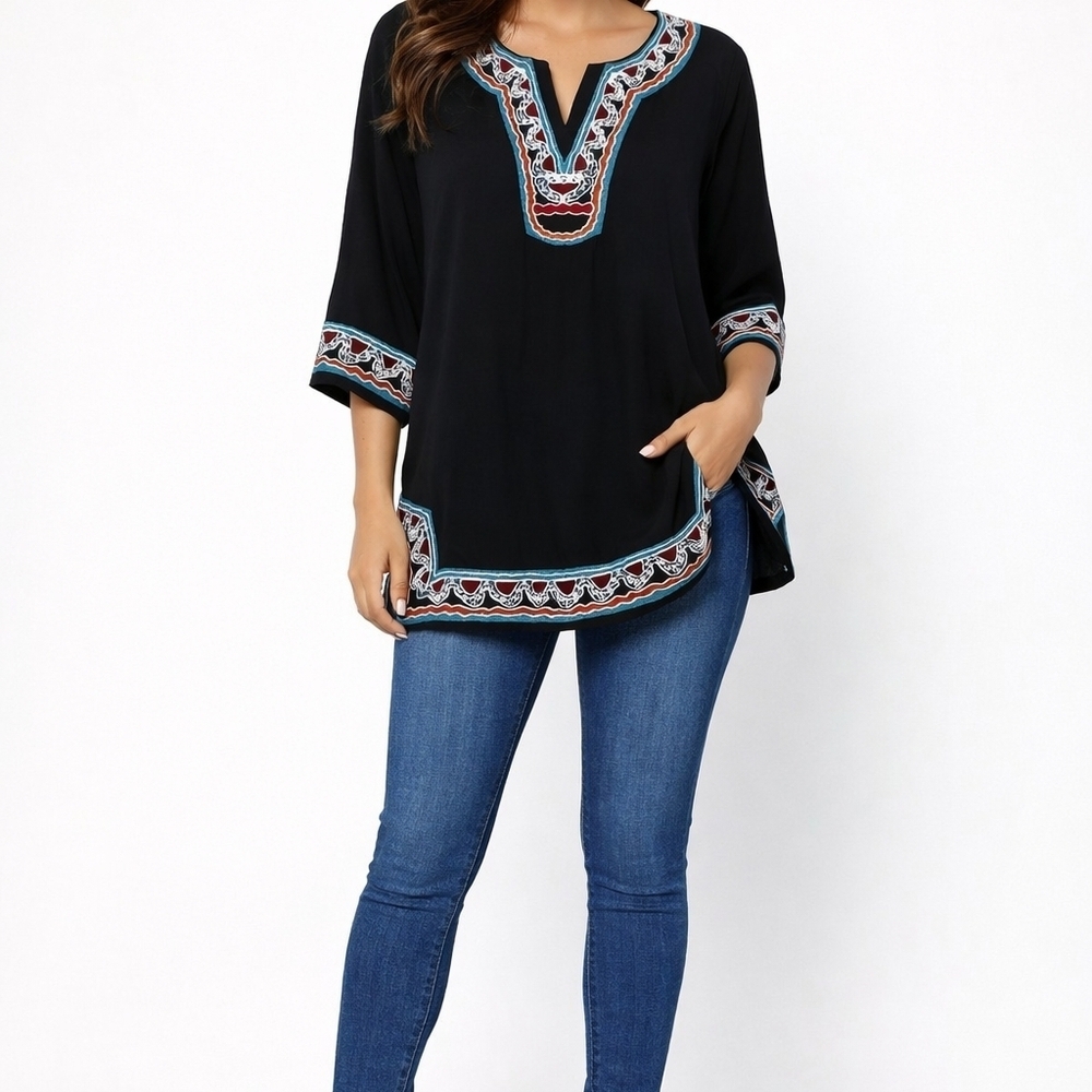 Chic Black Embroidered Tunic Top - Picture 1 of 13